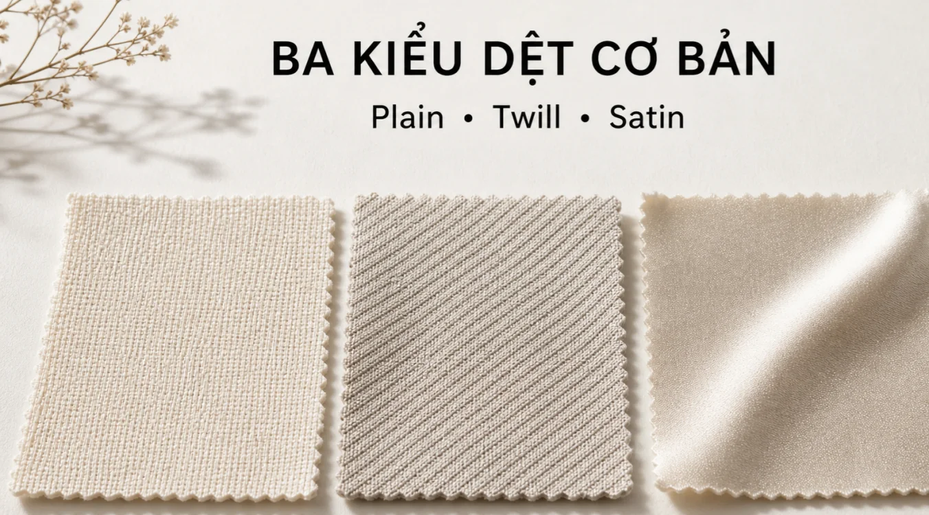Ba kiểu dệt cơ bản plain weave, twill weave và satin weave