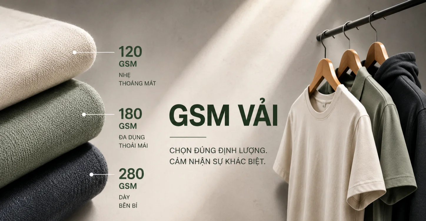 So sánh GSM vải gồm 120 GSM nhẹ, 180 GSM trung bình và 280 GSM dày cho các ứng dụng may mặc khác nhau.