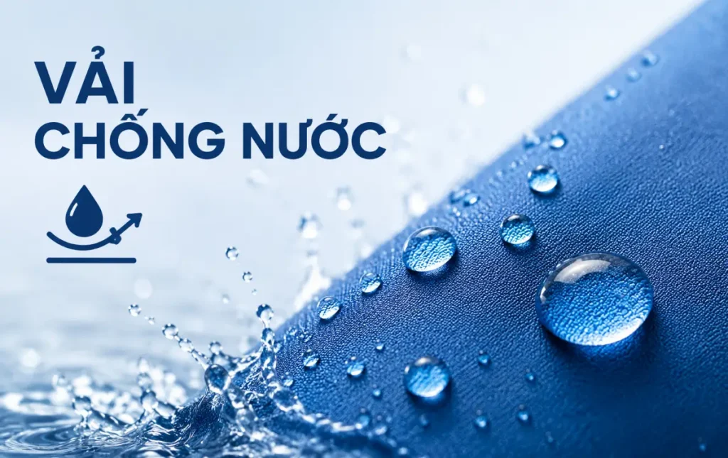 Vải chống nước với giọt nước trượt trên bề mặt vải xanh