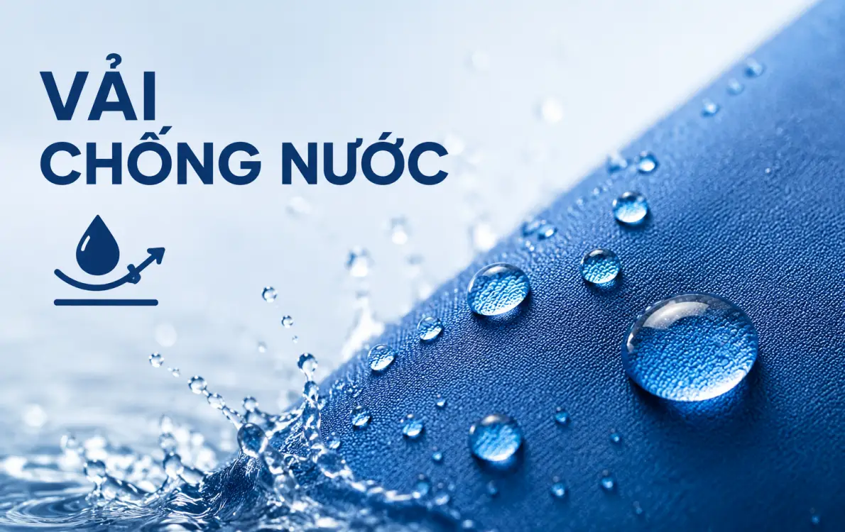 Vải chống nước với giọt nước trượt trên bề mặt vải xanh