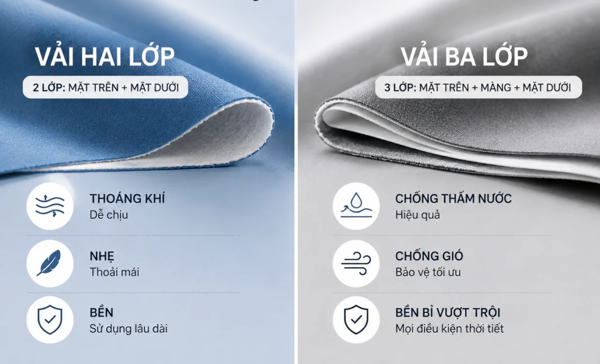 So sánh vải hai lớp và vải ba lớp về cấu tạo, độ bền và khả năng chống thấm