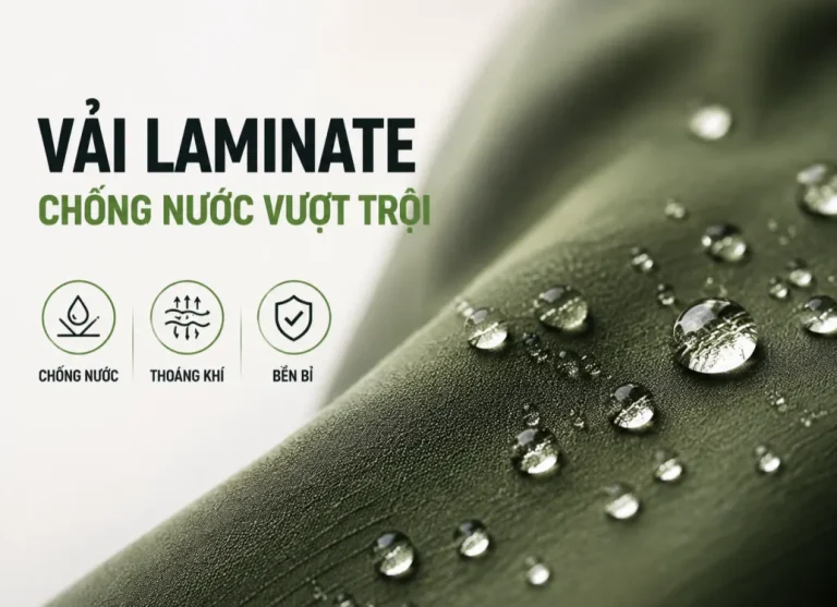 Vải laminate chống nước với bề mặt có giọt nước và thông điệp chống nước, thoáng khí, bền bỉ