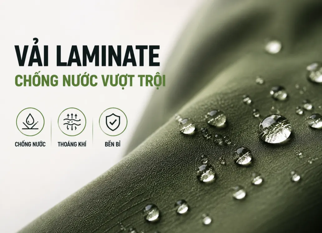 Vải laminate chống nước với bề mặt có giọt nước và thông điệp chống nước, thoáng khí, bền bỉ