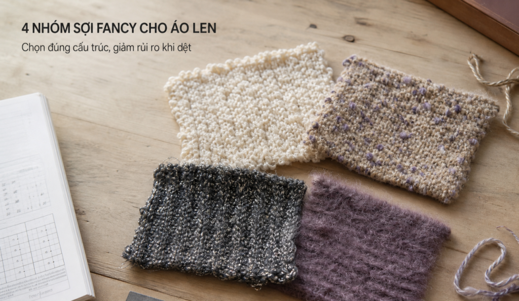 Bốn mẫu sợi fancy cho áo len gồm sợi vòng, sợi nút, sợi ánh kim và sợi chải lông