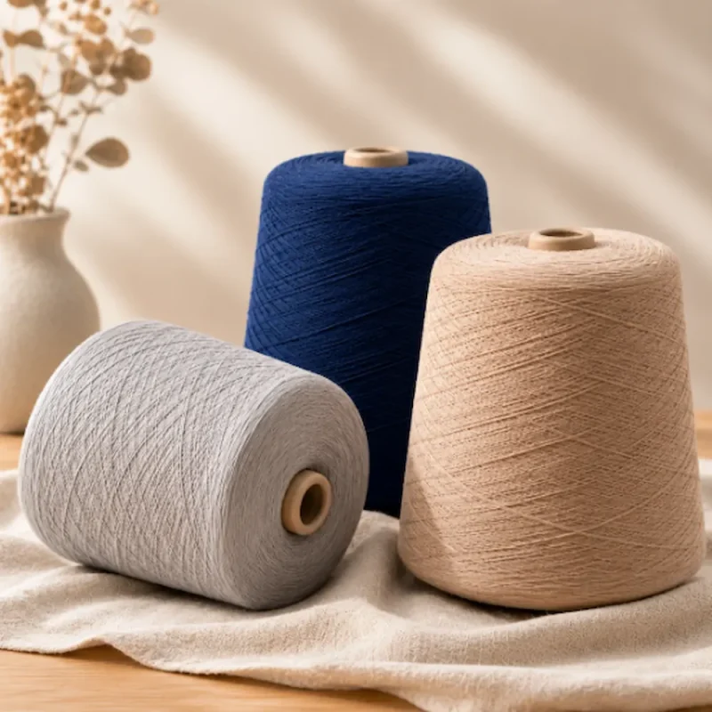 Bộ mẫu sợi cotton màu xám, xanh navy và beige Ba côn sợi cotton màu xám nhạt, xanh navy và beige đặt trên nền vải