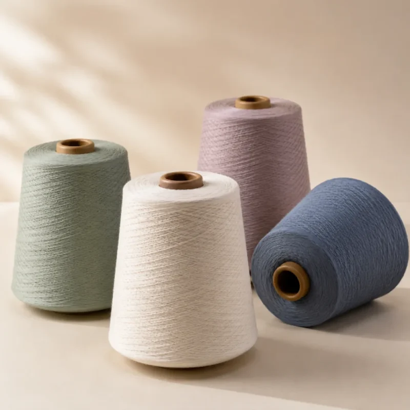 Bộ màu sợi cotton mercerized cho phát triển vải Các côn sợi cotton mercerized màu trắng, xanh lá, tím và xanh dương