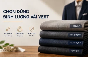 Các mẫu vải vest được xếp theo định lượng dưới 200, 200–260, 260–300 và trên 300 g/m²