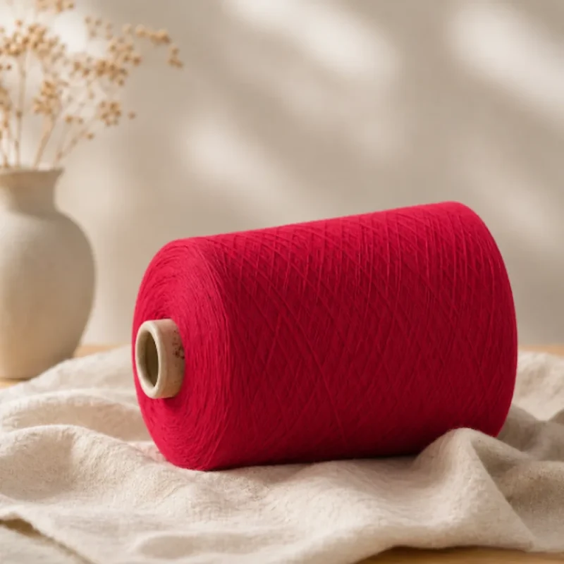 Côn sợi cotton nhuộm màu đỏ cho dệt kim Côn sợi cotton màu đỏ đặt nằm trên nền vải màu sáng