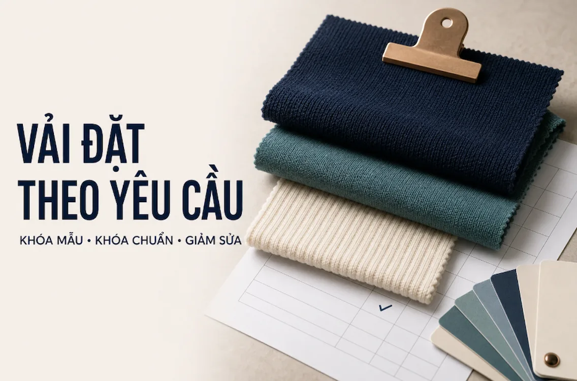 Mẫu vải dệt kim, bảng màu và phiếu specification cho đơn hàng vải đặt theo yêu cầu