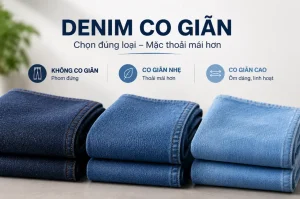 Ba mẫu vải denim xếp chồng, minh họa denim không co giãn, co giãn nhẹ và co giãn cao