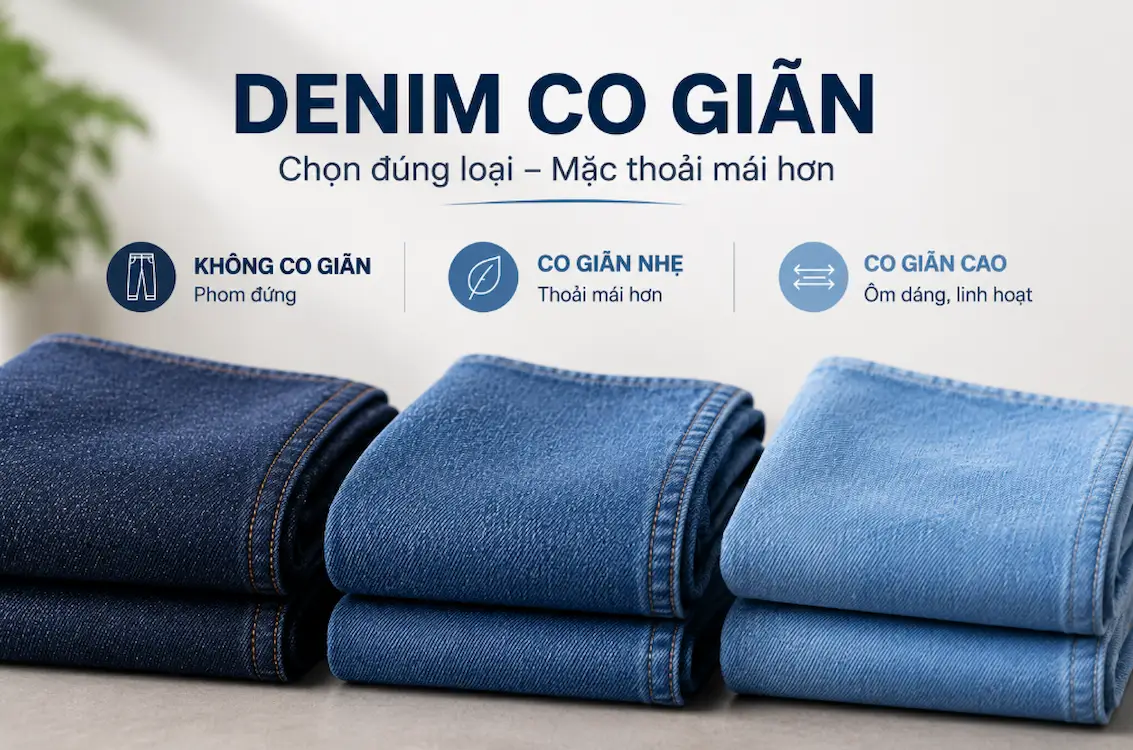 Ba mẫu vải denim xếp chồng, minh họa denim không co giãn, co giãn nhẹ và co giãn cao