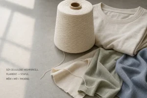 Cuộn sợi cellulose HighPerCell bên cạnh áo T-shirt và các mẫu vải dệt kim mềm, mờ, thoáng