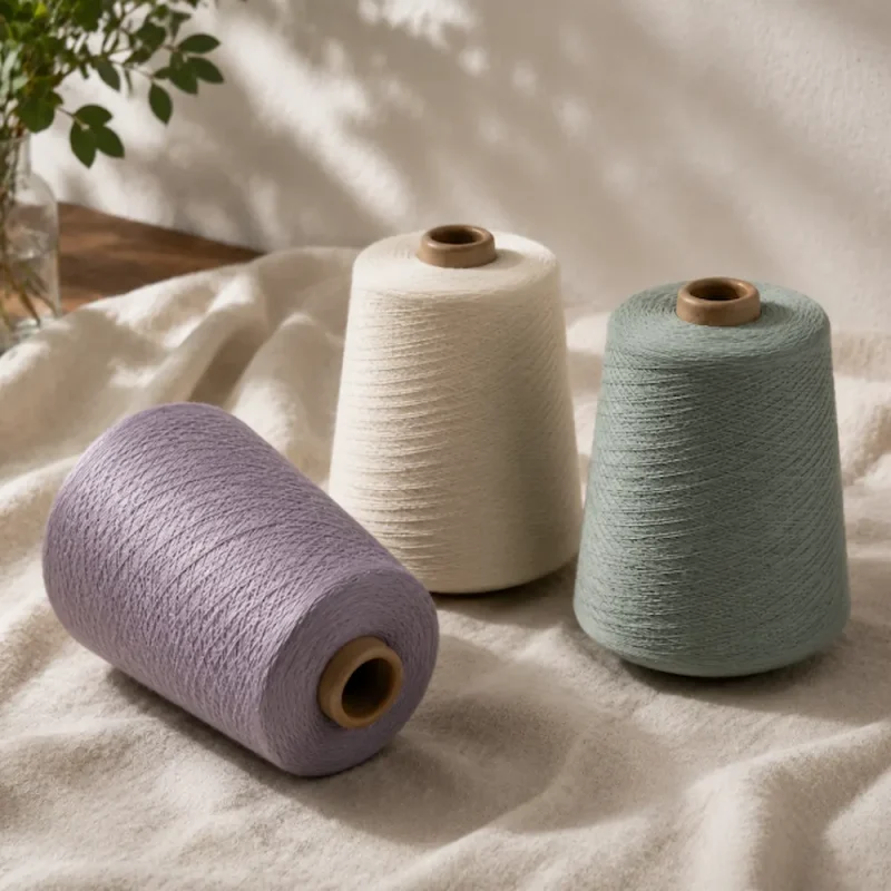 Sợi cotton chải kỹ 401 màu pastel từ cotton Úc Ba ống sợi cotton chải kỹ 40/1 màu tím nhạt, trắng ngà và xanh nhạt đặt trên nền vải tự nhiên