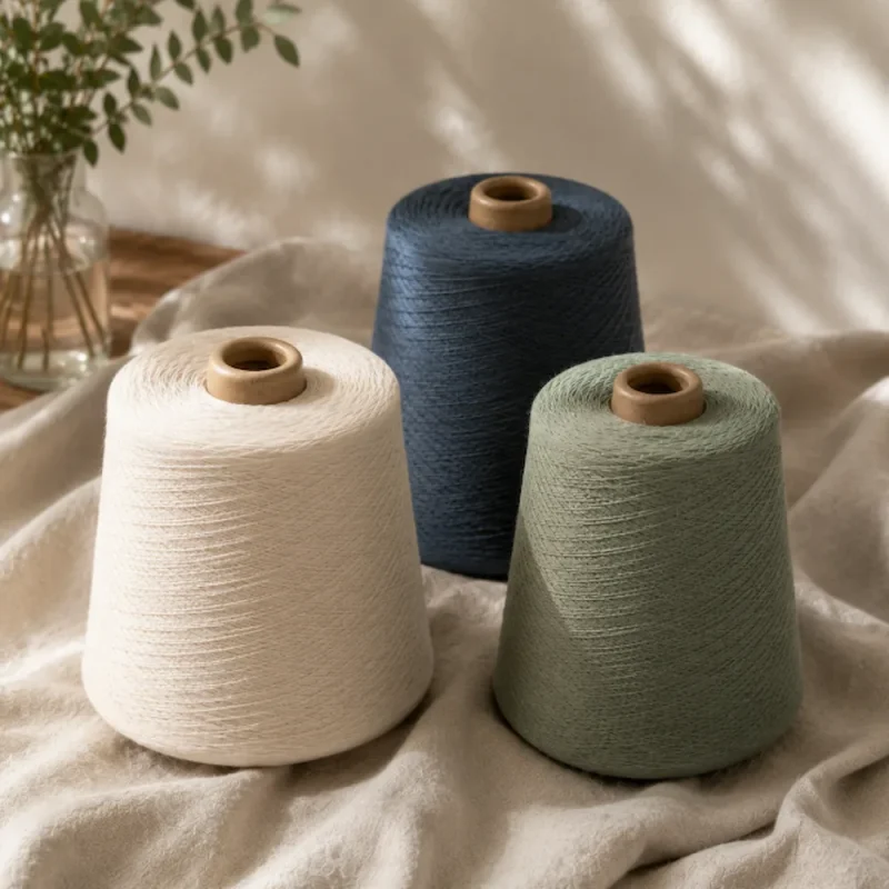 Sợi cotton chải kỹ 401 từ 100% cotton Úc Ba ống sợi cotton chải kỹ 40/1 màu trắng ngà, xanh đậm và xanh nhạt đặt trên nền vải tự nhiên