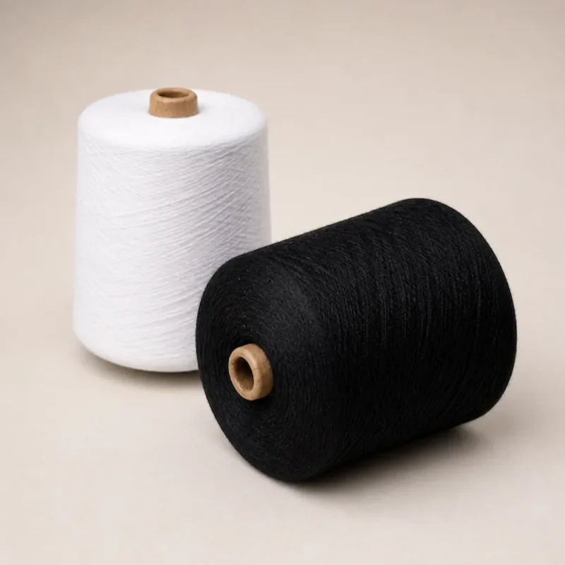 Cuộn sợi cotton đen đặt ngang cạnh cuộn sợi trắng 20s/1 21s/1