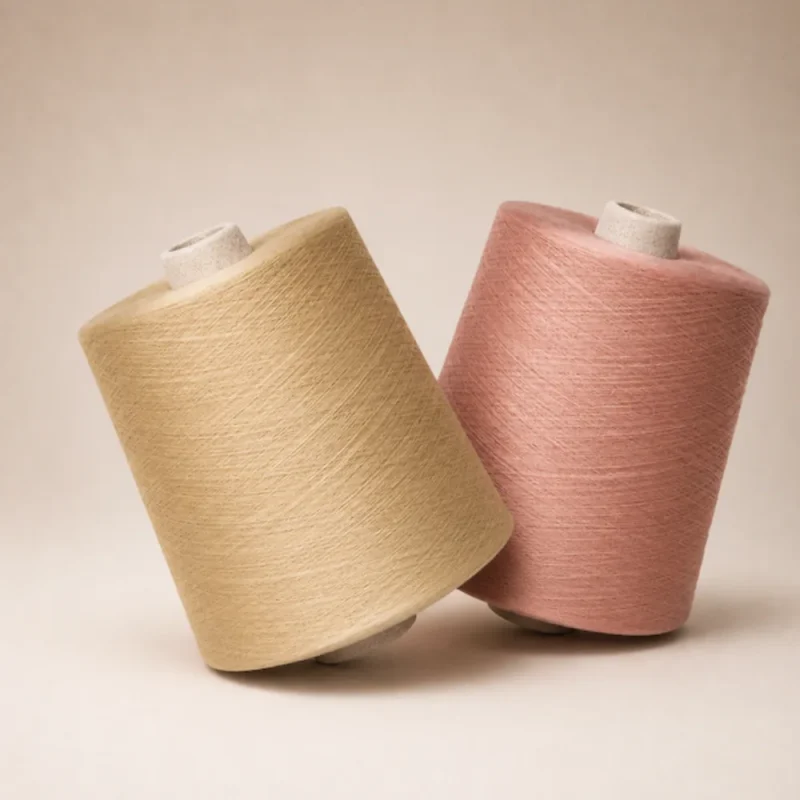 Sợi cotton mercerized màu vàng kem và hồng Hai cone sợi cotton mercerized màu vàng kem và hồng trên nền sáng