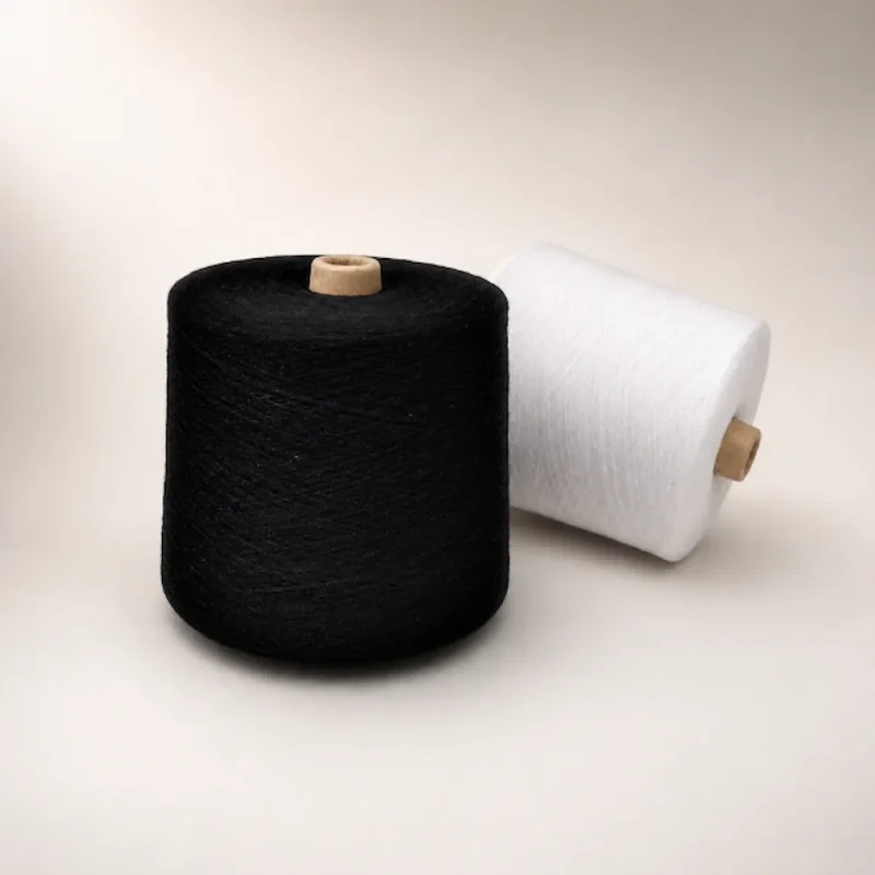 Sợi cotton nhuộm màu đen và trắng cho dệt tất Hai cone sợi cotton màu đen và trắng trong studio
