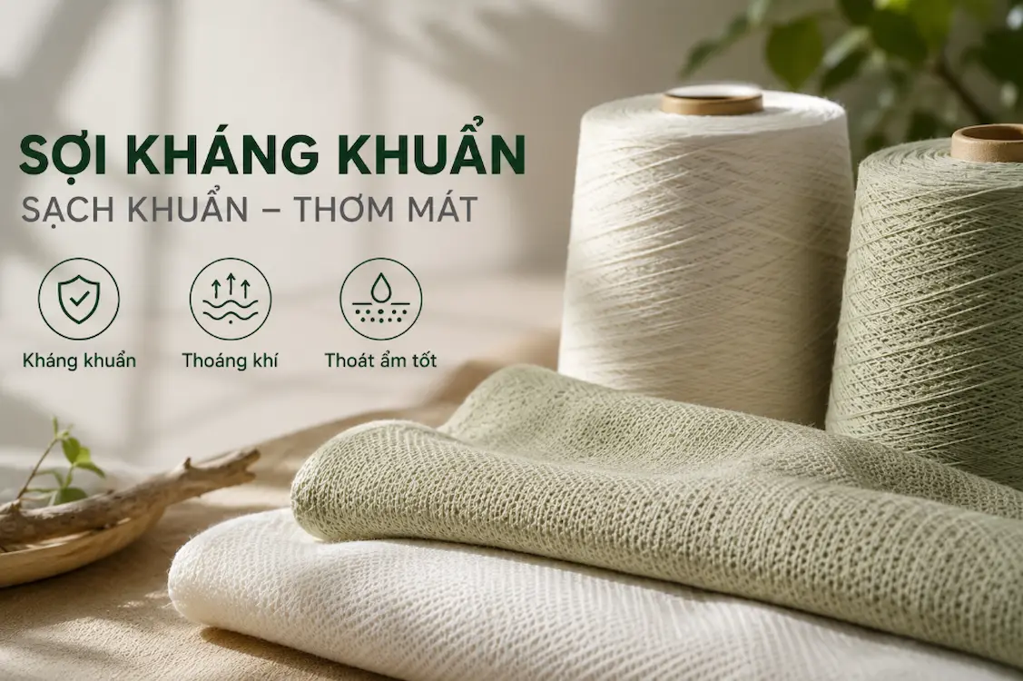 Sợi kháng khuẩn màu trắng và xanh nhạt bên cạnh các mẫu vải dệt, với đặc tính kháng khuẩn, thoáng khí và thoát ẩm tốt.