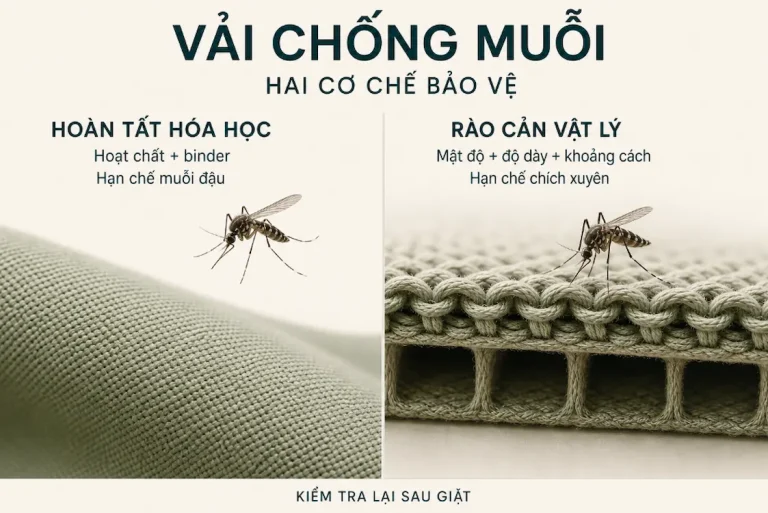Hai cơ chế bảo vệ của vải chống muỗi gồm hoàn tất hóa học và rào cản vật lý