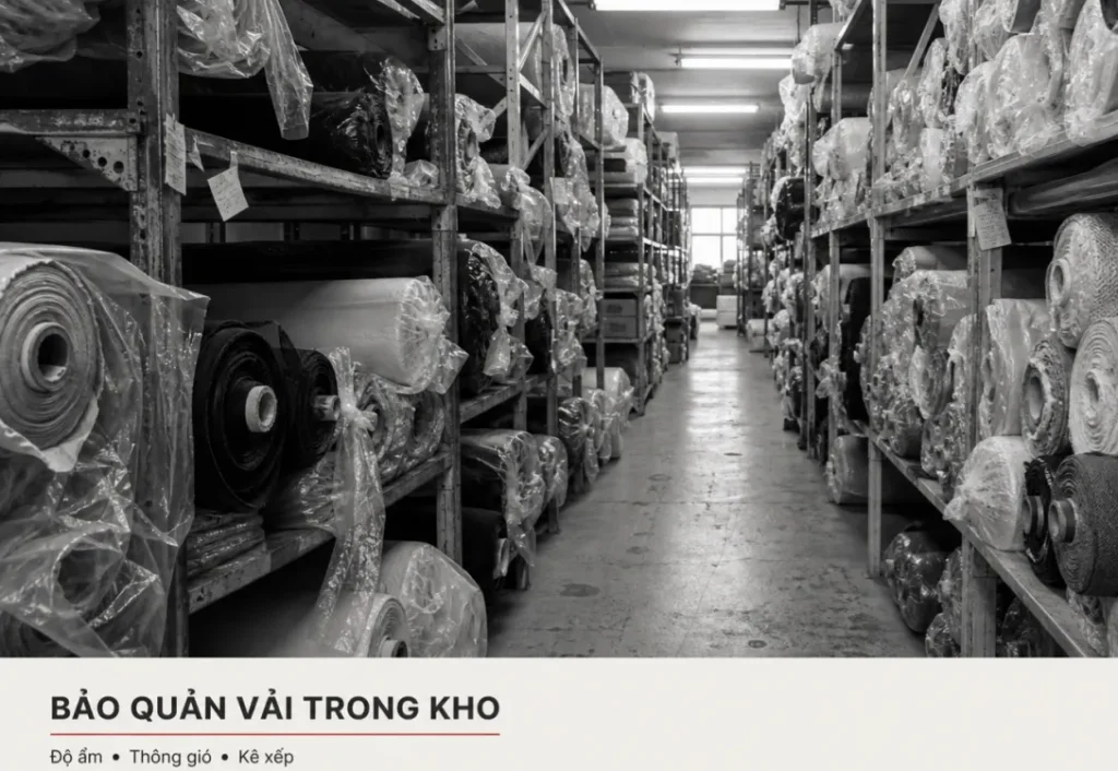 Kho bảo quản vải với các cuộn vải xếp trên kệ và lối đi thông thoáng
