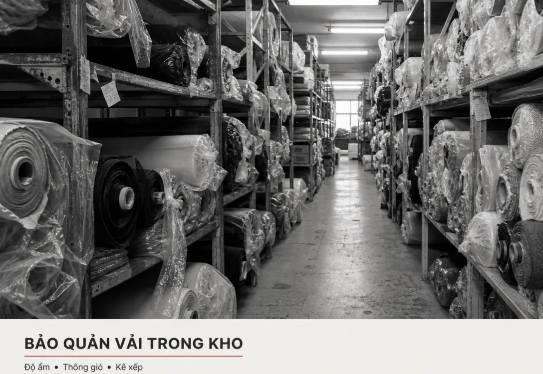 Kho bảo quản vải với các cuộn vải xếp trên kệ và lối đi thông thoáng