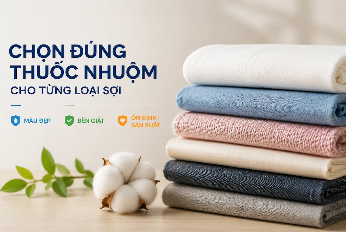 Các mẫu vải xếp chồng cạnh bông cotton, minh họa cách chọn thuốc nhuộm cho từng loại sợi