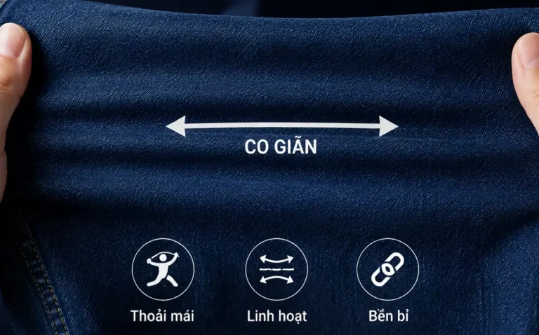 Hai tay kéo vải denim co giãn theo chiều ngang, minh họa sự linh hoạt khi mặc