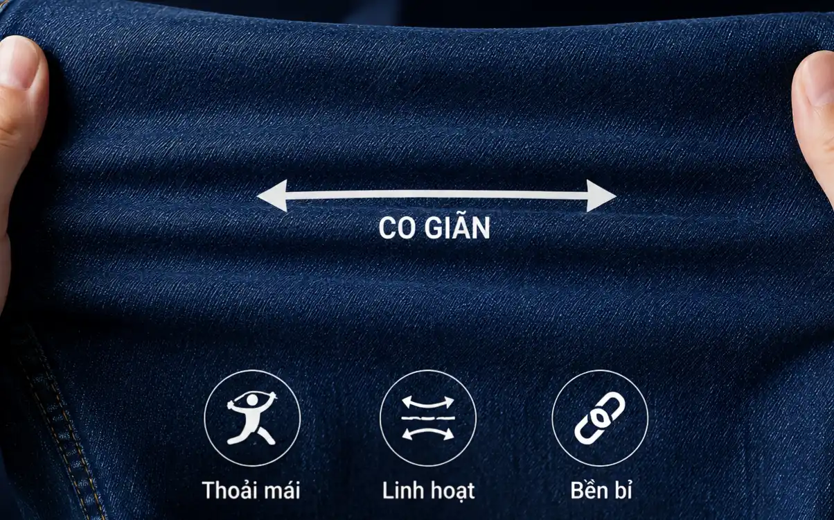 Hai tay kéo vải denim co giãn theo chiều ngang, minh họa sự linh hoạt khi mặc