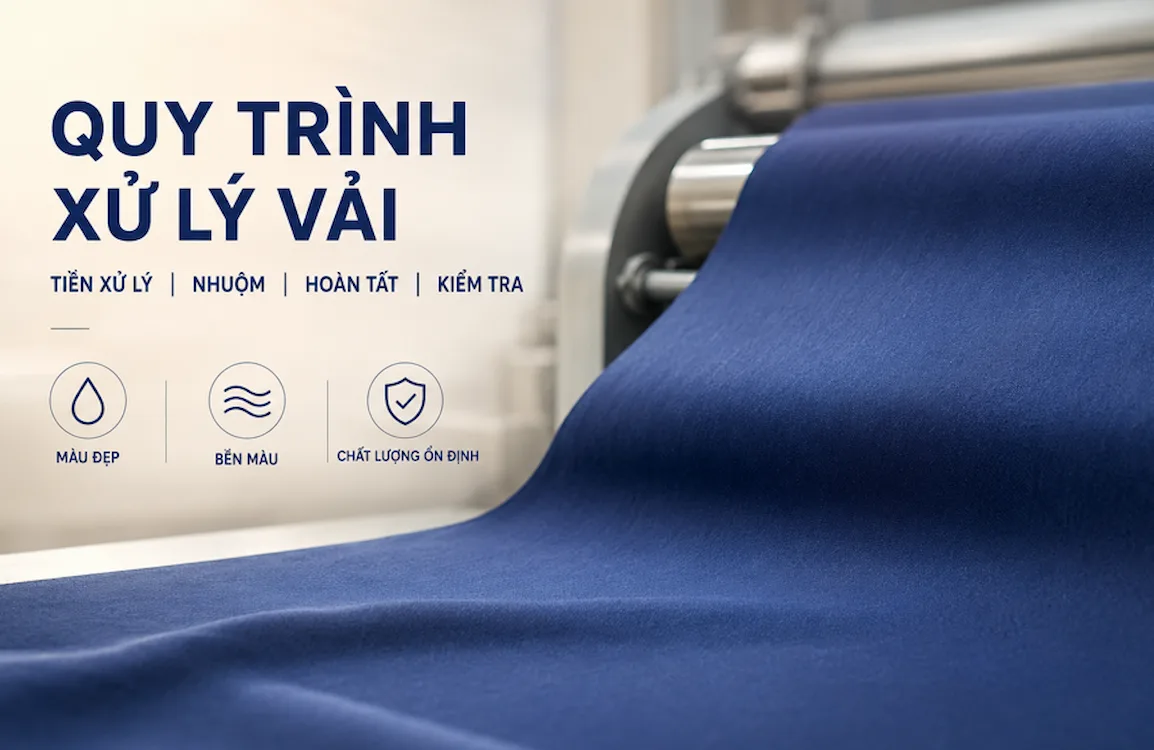 Quy trình xử lý vải gồm tiền xử lý, nhuộm, hoàn tất và kiểm tra chất lượng