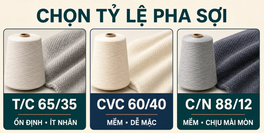 So sánh tỷ lệ pha sợi T/C 65/35, CVC 60/40 và C/N 88/12