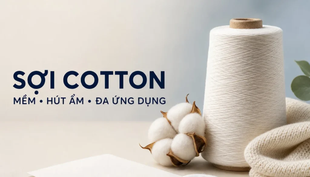Sợi cotton trắng, bông tự nhiên và vải dệt kim minh họa khả năng hút ẩm và nhiều ứng dụng
