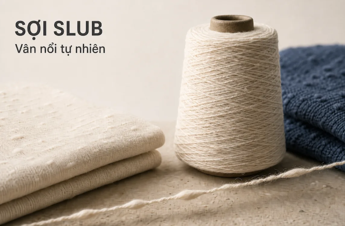 Sợi slub cotton với đoạn dày mỏng tạo vân nổi tự nhiên trên bề mặt vải