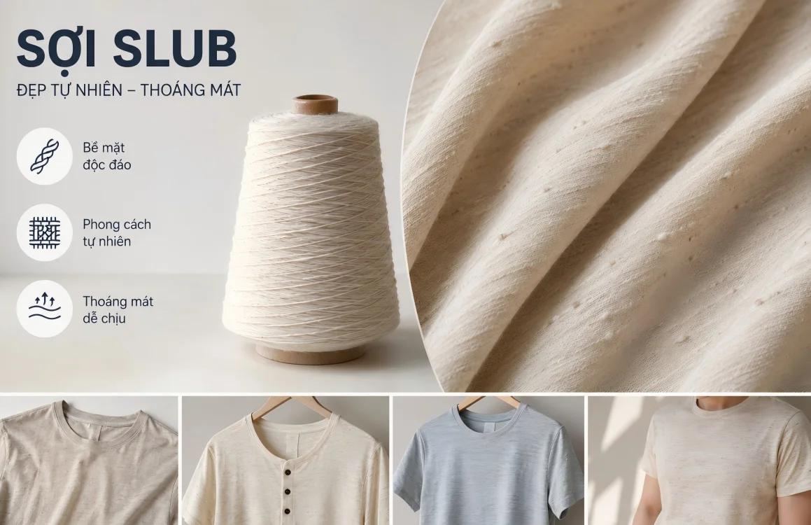 Sợi slub dạng cone và bề mặt vải có hiệu ứng dày mỏng
