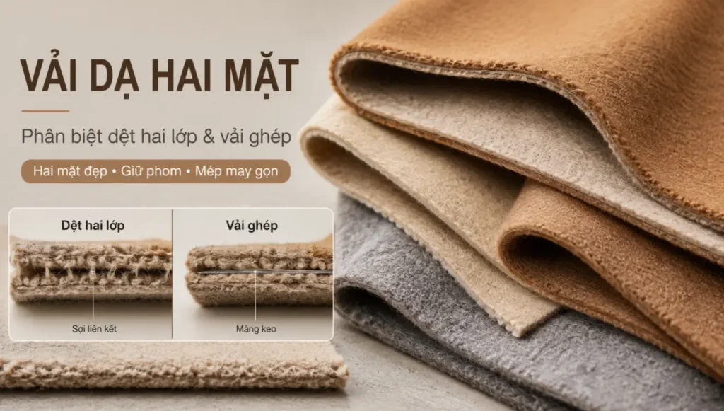 Vải dạ hai mặt với cấu trúc dệt hai lớp và vải ghép, thể hiện sợi liên kết và màng keo ở mép cắt