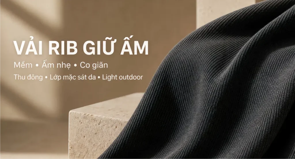 Vải rib giữ ấm màu xám mềm, co giãn cho trang phục thu đông