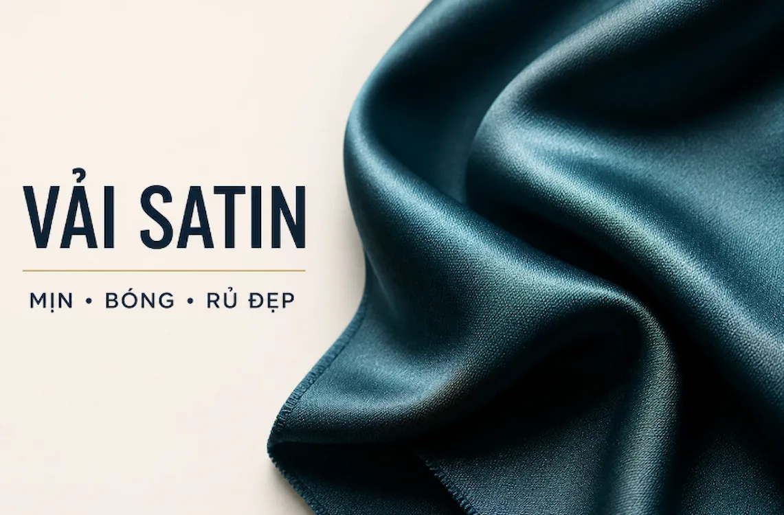 Vải satin màu xanh teal có bề mặt mịn, bóng và nếp rủ tự nhiên