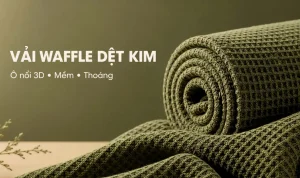Vải waffle dệt kim màu xanh với bề mặt ô nổi