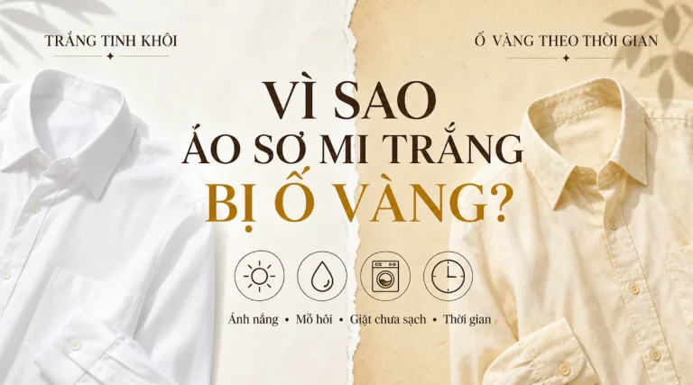 So sánh áo sơ mi trắng tinh khôi và áo bị ố vàng do ánh nắng, mồ hôi, giặt chưa sạch và thời gian.