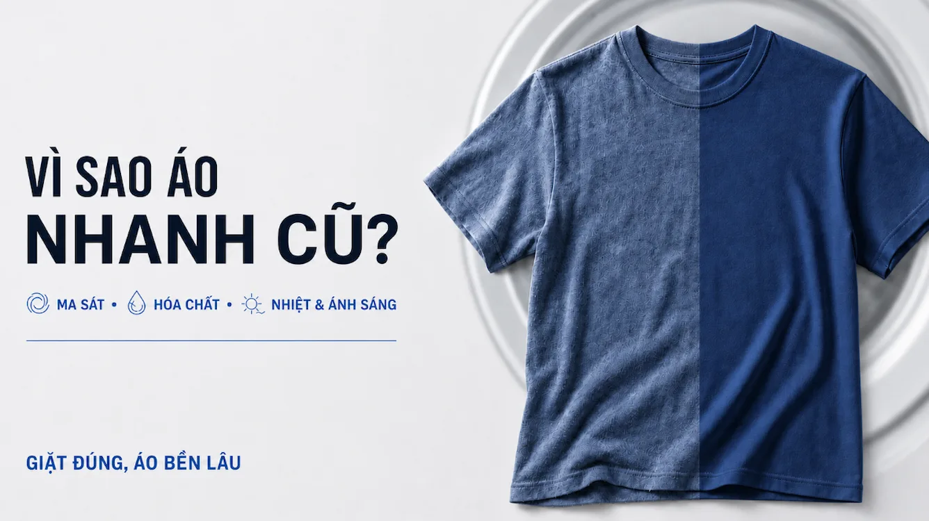 Áo thun trước và sau khi giặt, minh họa ba yếu tố làm quần áo nhanh cũ: ma sát, hóa chất, nhiệt và ánh sáng.