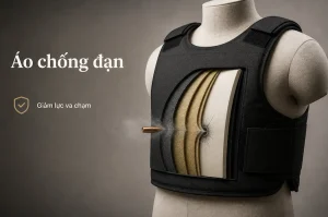 Mặt cắt áo chống đạn với lớp sợi aramid, tấm gốm và lớp nền hấp thụ lực
