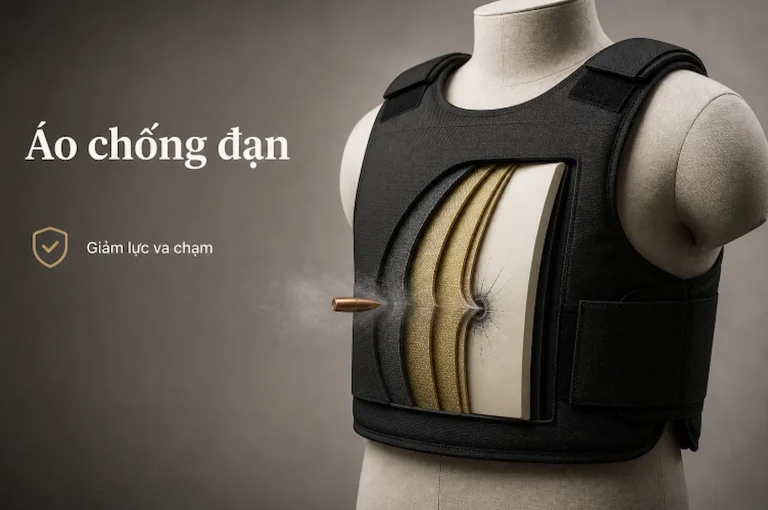 Mặt cắt áo chống đạn với lớp sợi aramid, tấm gốm và lớp nền hấp thụ lực
