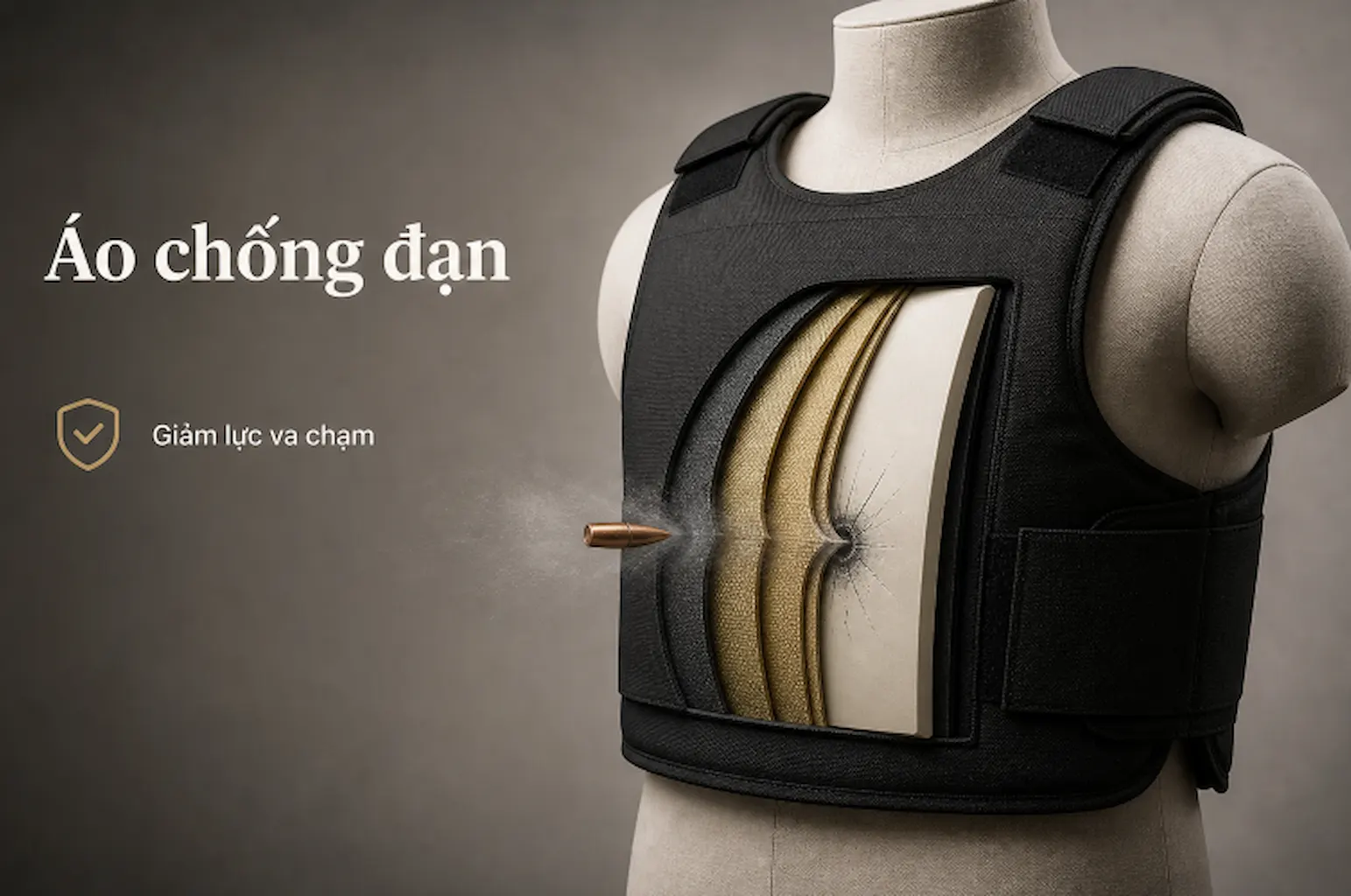 Mặt cắt áo chống đạn với lớp sợi aramid, tấm gốm và lớp nền hấp thụ lực