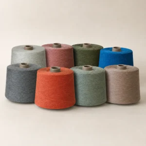 Bảng màu sợi melange cotton 4S–100S Các cuộn sợi melange cotton nhiều màu xếp thành hai hàng