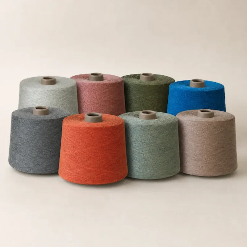 Bảng màu sợi melange cotton 4S–100S Các cuộn sợi melange cotton nhiều màu xếp thành hai hàng