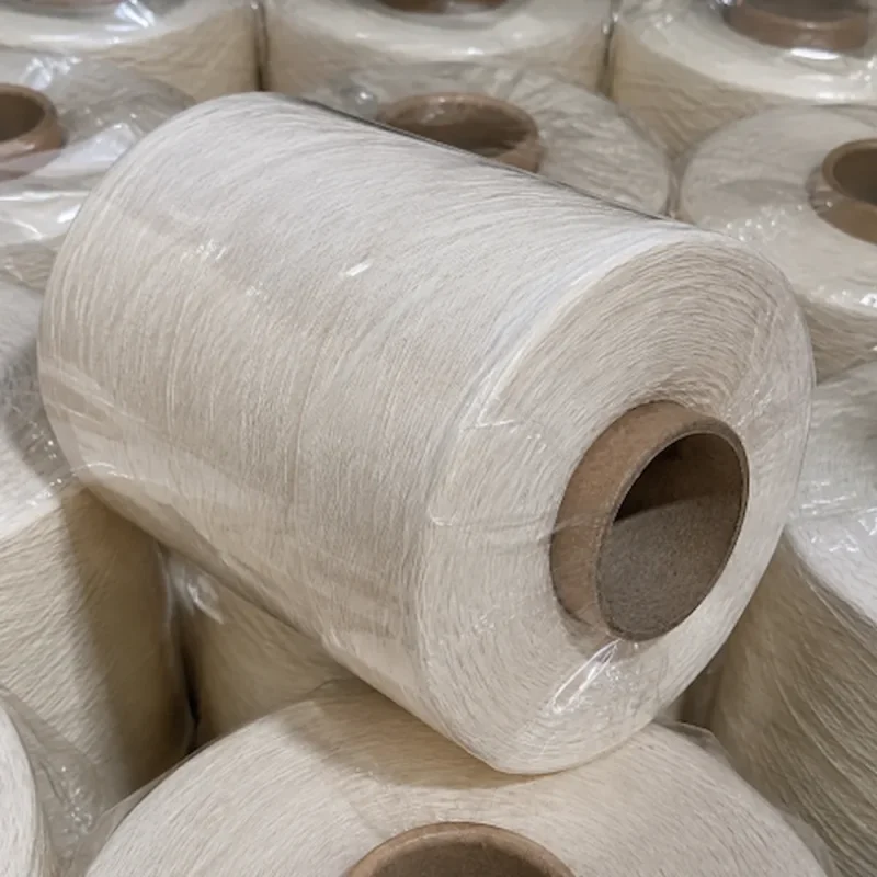Cận cảnh một cone sợi cotton BCI chải kỹ được bọc màng bảo vệ
