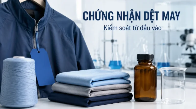 Áo khoác, sợi và mẫu vải minh họa chứng nhận bluesign và kiểm soát đầu vào