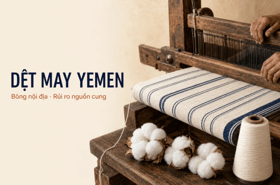 Khung dệt thủ công, bông cotton và cone sợi trong ngành dệt may Yemen