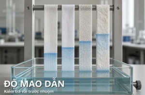 Bốn dải vải được kiểm tra độ mao dẫn bằng phương pháp dâng nước
