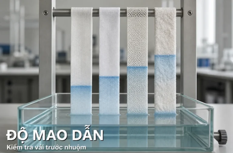 Bốn dải vải được kiểm tra độ mao dẫn bằng phương pháp dâng nước