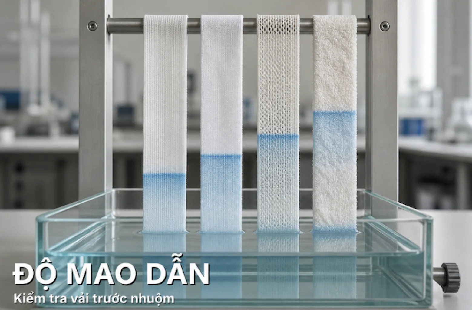 Bốn dải vải được kiểm tra độ mao dẫn bằng phương pháp dâng nước